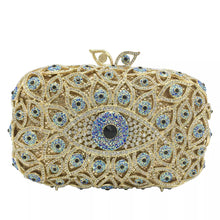 Load image into Gallery viewer, Crystal and Satin Evil Eye Clutch
